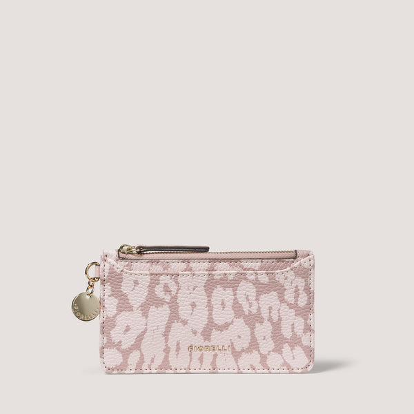 The compact Luna cardholder in pink leopard print is designed with a zipped coin pocket and five card slots.