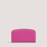 This curved pink women's purse with a zip closure features 12 internal card slots.