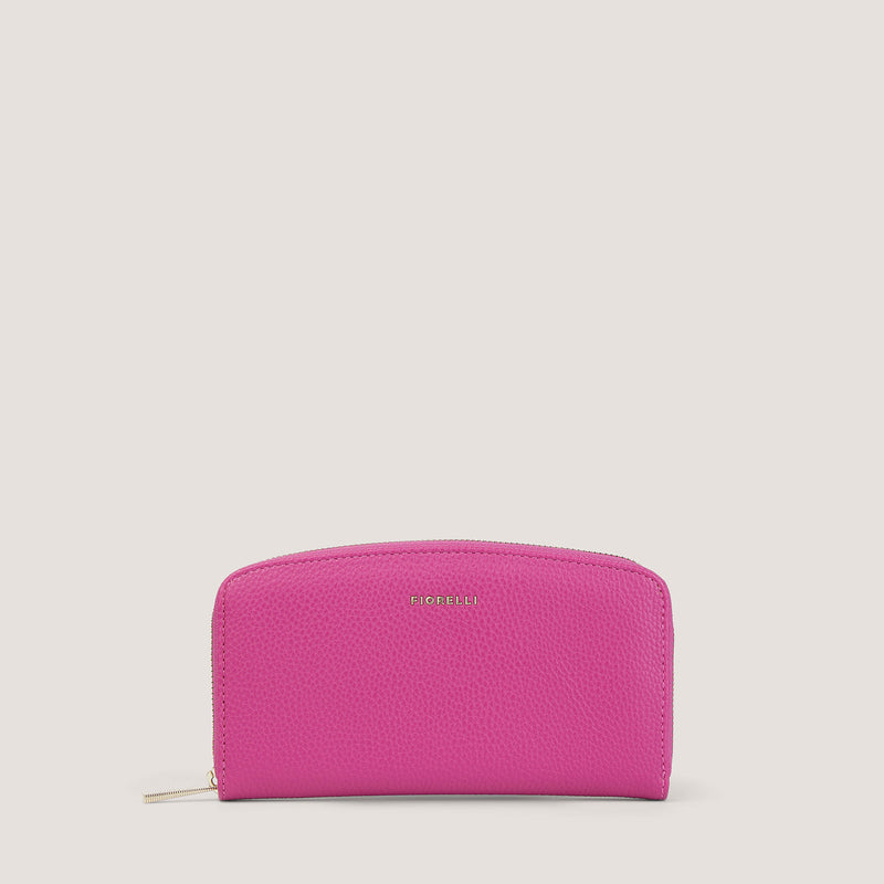This curved pink women's purse with a zip closure features 12 internal card slots.