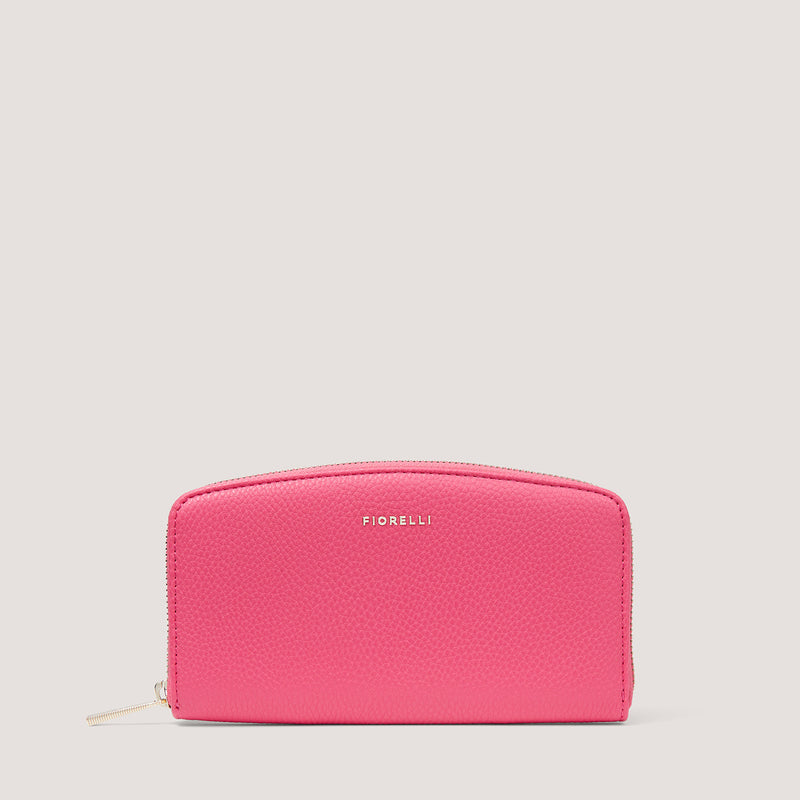 This curved pink purse has 12 internal card slots.