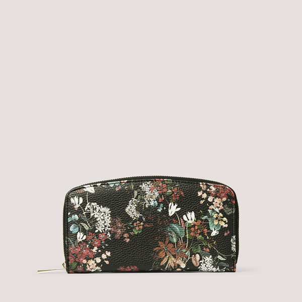 This curved botanical print women's purse with a zip closure features 12 internal card slots.