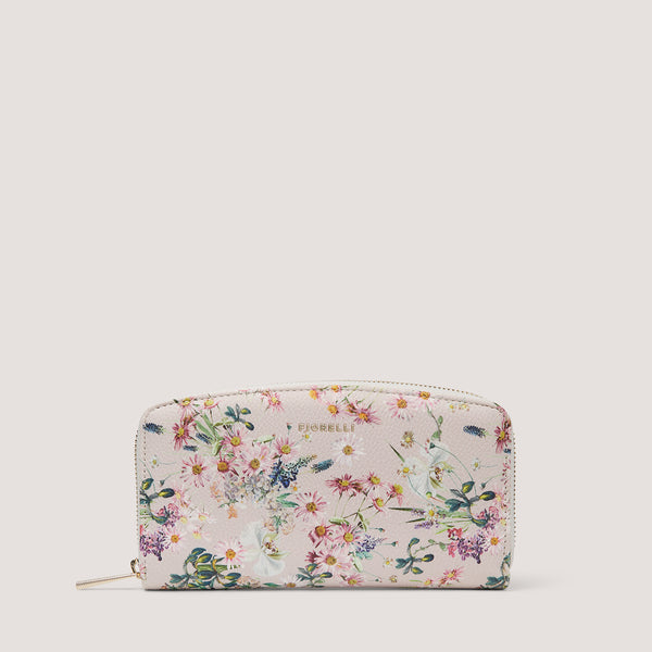 This curved white floral purse has 12 internal card slots.