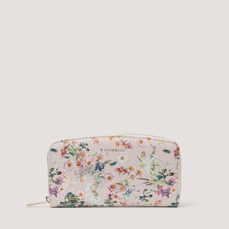 This curved white floral purse has 12 internal card slots.