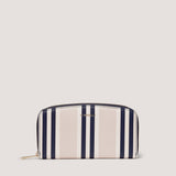 This curved navy stripe purse has 12 internal card slots.