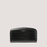 This curved black croc women's purse with a zip closure features 12 internal card slots.