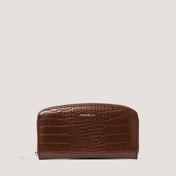 This curved coffee croc women's purse with a zip closure features 12 internal card slots.