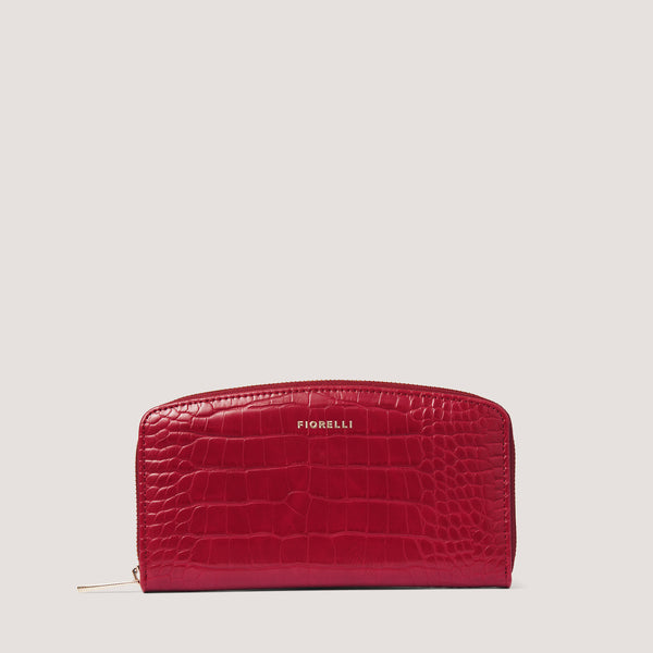 This curved red croc women's purse with a zip closure features 12 internal card slots.