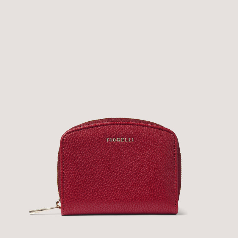 This classic small red curved coin purse features 6 internal credit card slots.