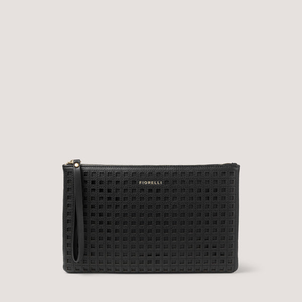 The black Lana pouch is detailed with a laser-cut pattern. Carry it by the wrist strap or tuck it neatly under your arm.