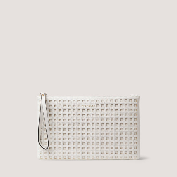 The white Lana pouch is detailed with a laser-cut pattern. Carry it by the wrist strap or tuck it neatly under your arm.