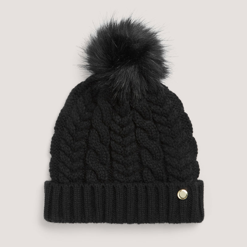 Classic black cable knit bobble hat.