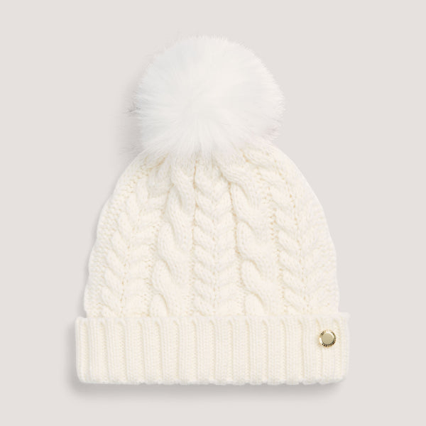 Cream cable knit bobble hat.