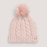 Pretty pink cable knit bobble hat.