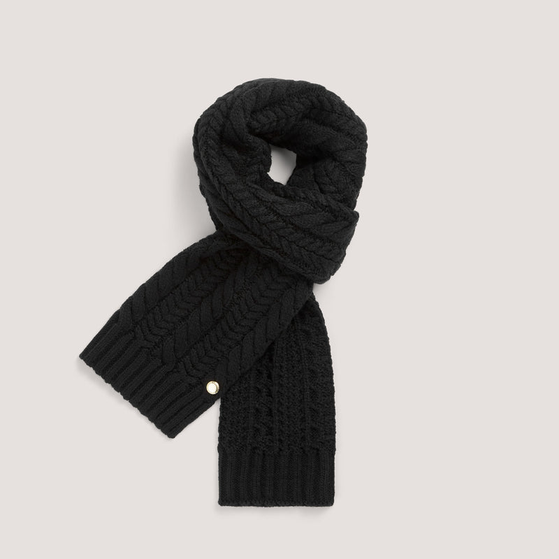 Classic black cable knit rectangular scarf.