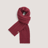 Bold red cable knit rectangular scarf.