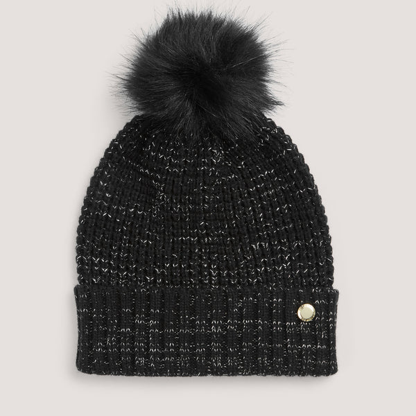 Black and silve cable knit bobble hat.